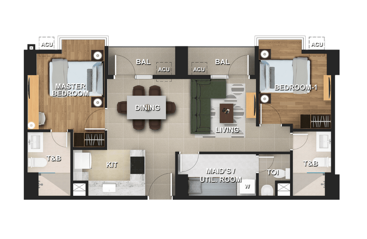 TWO BEDROOM + BALCONY Floor Plan