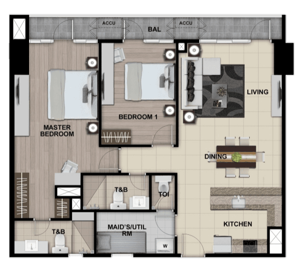 TWO BEDROOM + BALCONY Floor Plan