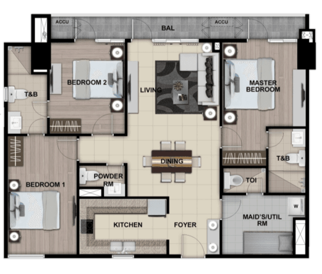 THREE BEDROOM + BALCONY Floor Plan