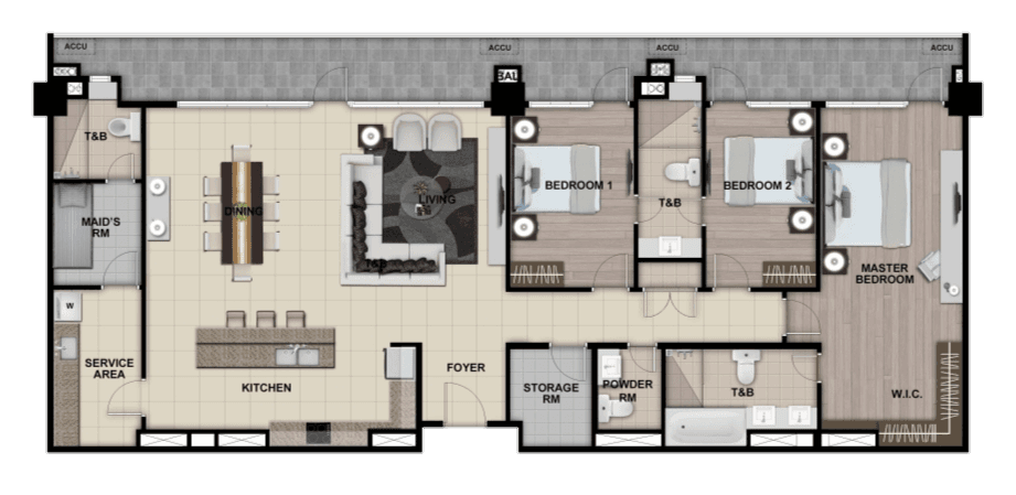THREE BEDROOM + PENTHOUSE Floor Plan